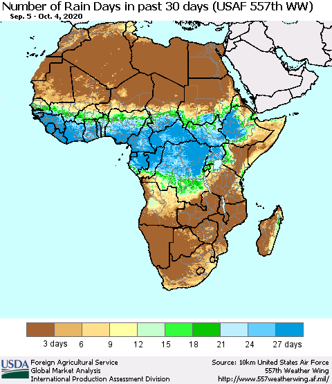 Africa Number of Rain Days in past 30 days (USAF 557th WW) 10/04/2020 Thematic Map For 9/28/2020 - 10/4/2020