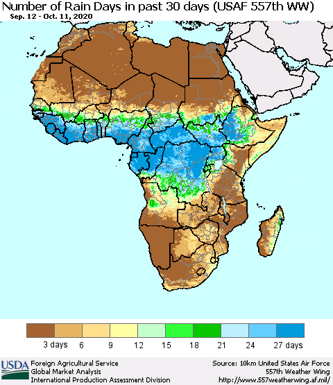 Africa Number of Rain Days in past 30 days (USAF 557th WW) 10/11/2020 Thematic Map For 10/5/2020 - 10/11/2020