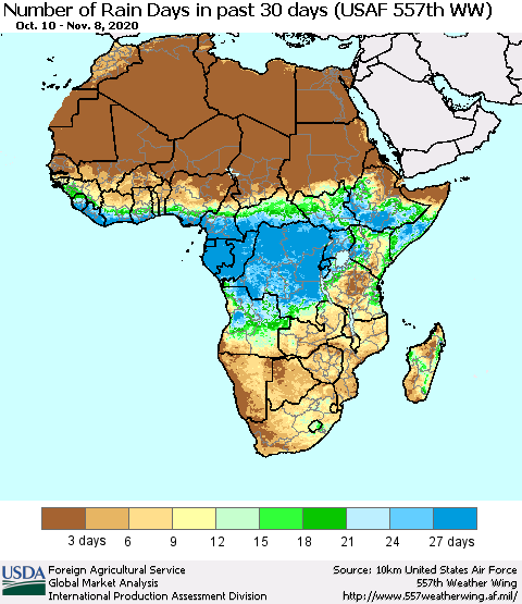 Africa Number of Rain Days in past 30 days (USAF 557th WW) 11/08/2020 Thematic Map For 11/2/2020 - 11/8/2020