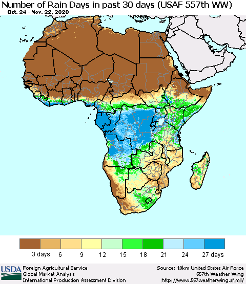 Africa Number of Rain Days in past 30 days (USAF 557th WW) 11/22/2020 Thematic Map For 11/16/2020 - 11/22/2020