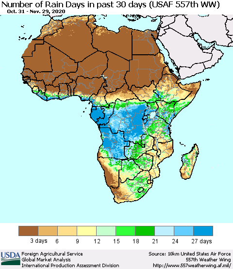Africa Number of Rain Days in past 30 days (USAF 557th WW) 11/29/2020 Thematic Map For 11/23/2020 - 11/29/2020