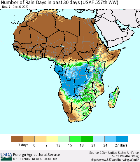 Africa Number of Rain Days in past 30 days (USAF 557th WW) 12/06/2020 Thematic Map For 11/30/2020 - 12/6/2020