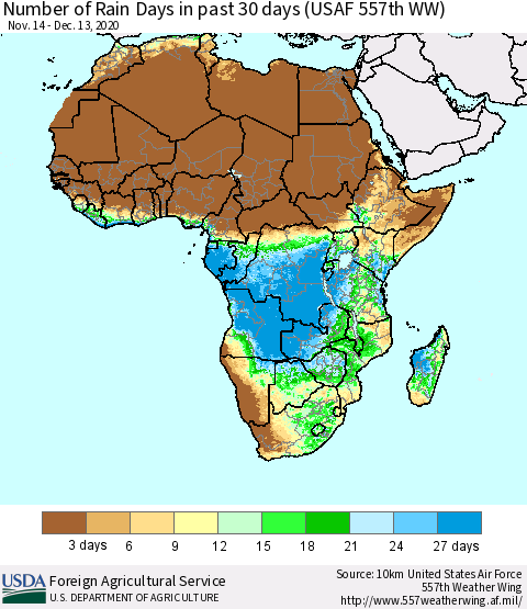 Africa Number of Rain Days in past 30 days (USAF 557th WW) 12/13/2020 Thematic Map For 12/7/2020 - 12/13/2020