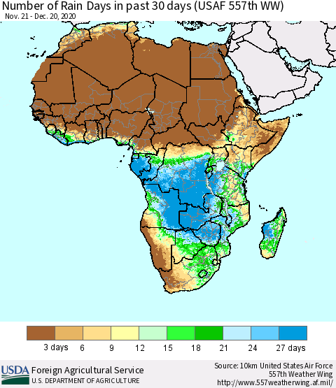 Africa Number of Rain Days in past 30 days (USAF 557th WW) 12/20/2020 Thematic Map For 12/14/2020 - 12/20/2020