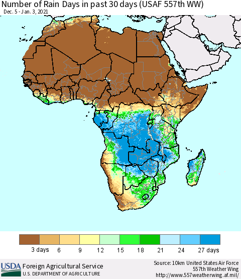 Africa Number of Rain Days in past 30 days (USAF 557th WW) 01/03/2021 Thematic Map For 12/28/2020 - 1/3/2021