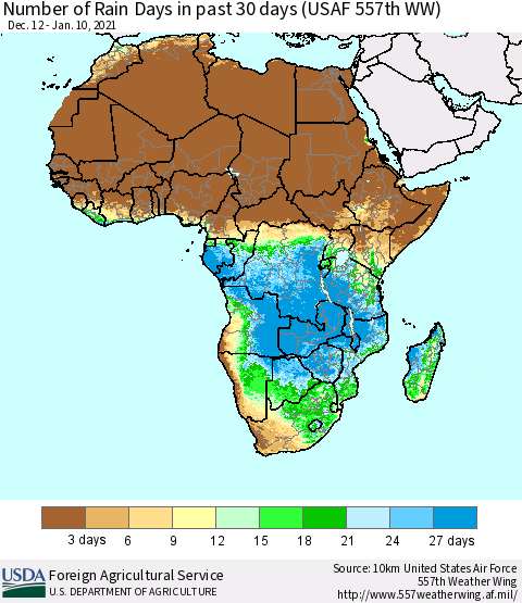 Africa Number of Rain Days in past 30 days (USAF 557th WW) 01/10/2021 Thematic Map For 1/4/2021 - 1/10/2021
