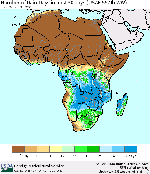 Africa Number of Rain Days in past 30 days (USAF 557th WW) 01/31/2021 Thematic Map For 1/25/2021 - 1/31/2021