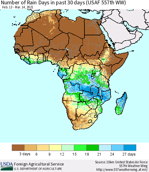 Africa Number of Rain Days in past 30 days (USAF 557th WW) 03/14/2021 Thematic Map For 3/8/2021 - 3/14/2021