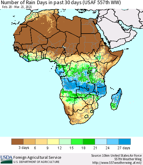 Africa Number of Rain Days in past 30 days (USAF 557th WW) 03/21/2021 Thematic Map For 3/15/2021 - 3/21/2021