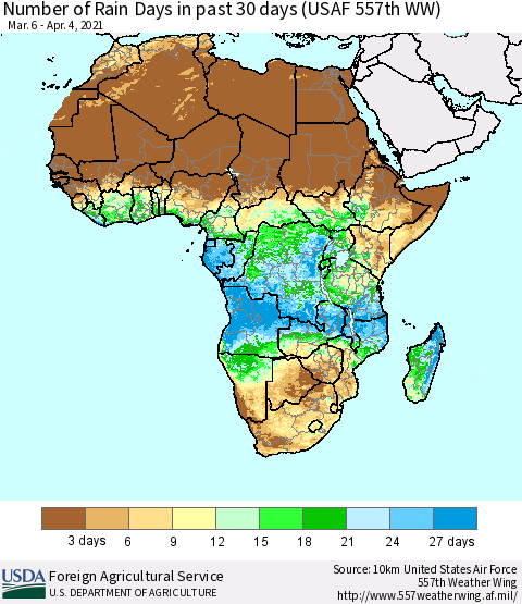 Africa Number of Rain Days in past 30 days (USAF 557th WW) 04/04/2021 Thematic Map For 3/29/2021 - 4/4/2021