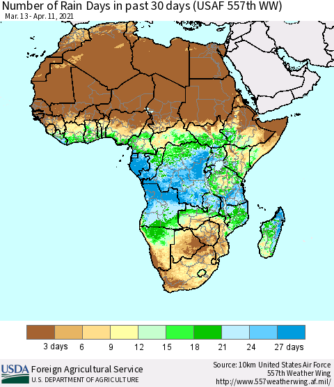 Africa Number of Rain Days in past 30 days (USAF 557th WW) 04/11/2021 Thematic Map For 4/5/2021 - 4/11/2021