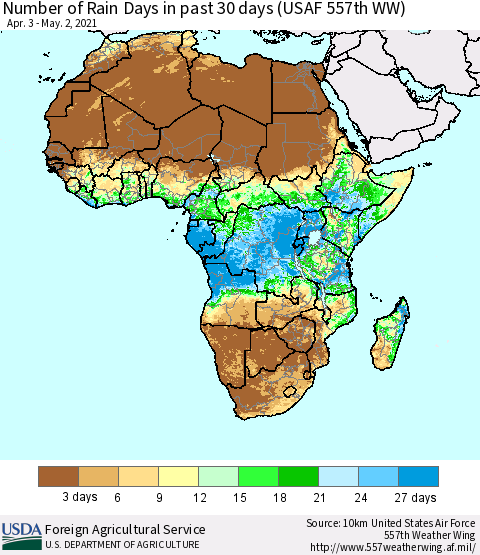 Africa Number of Rain Days in past 30 days (USAF 557th WW) 05/02/2021 Thematic Map For 4/26/2021 - 5/2/2021