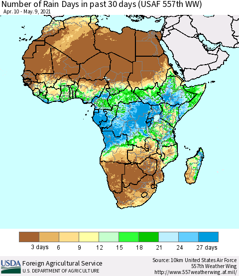 Africa Number of Rain Days in past 30 days (USAF 557th WW) 05/09/2021 Thematic Map For 5/3/2021 - 5/9/2021