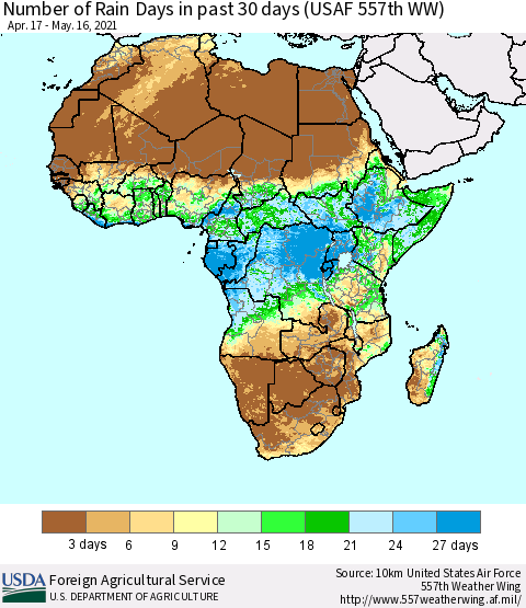 Africa Number of Rain Days in past 30 days (USAF 557th WW) 05/16/2021 Thematic Map For 5/10/2021 - 5/16/2021