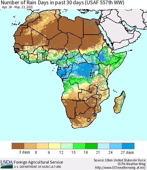 Africa Number of Rain Days in past 30 days (USAF 557th WW) 05/23/2021 Thematic Map For 5/17/2021 - 5/23/2021