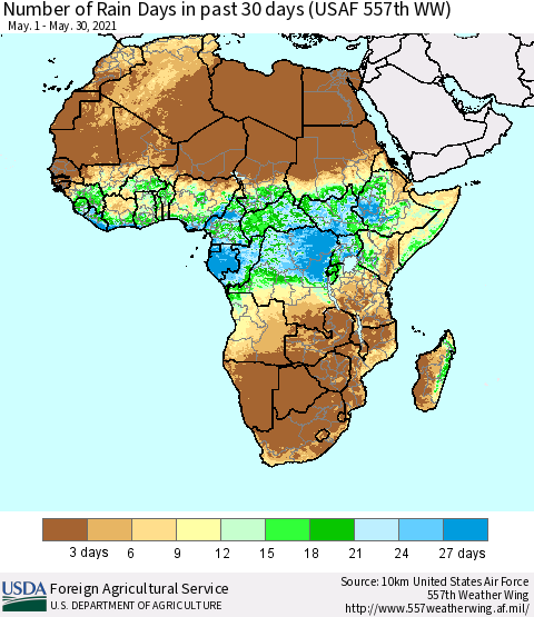 Africa Number of Rain Days in past 30 days (USAF 557th WW) 05/30/2021 Thematic Map For 5/24/2021 - 5/30/2021