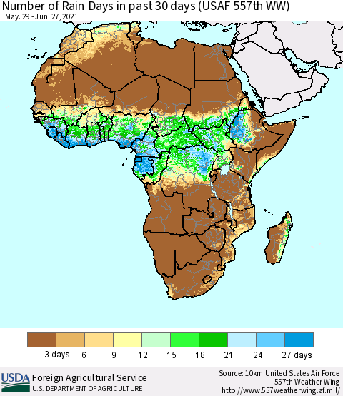 Africa Number of Rain Days in past 30 days (USAF 557th WW) 06/27/2021 Thematic Map For 6/21/2021 - 6/27/2021
