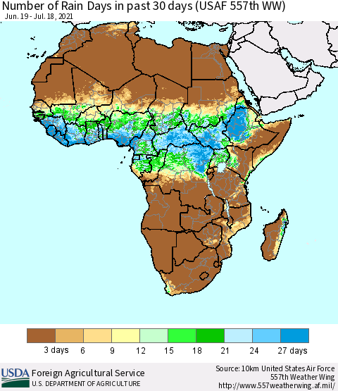 Africa Number of Rain Days in past 30 days (USAF 557th WW) 07/18/2021 Thematic Map For 7/12/2021 - 7/18/2021