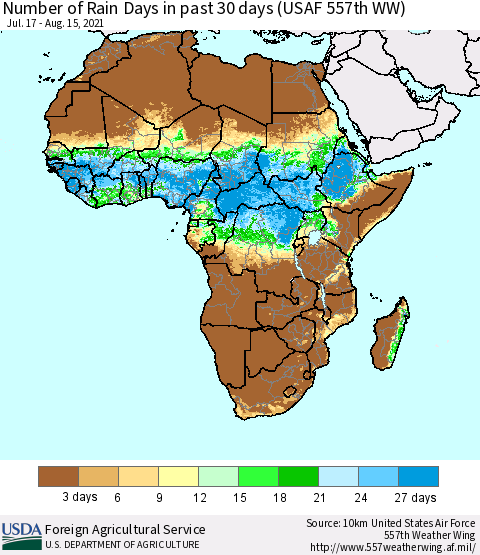Africa Number of Rain Days in past 30 days (USAF 557th WW) 08/15/2021 Thematic Map For 8/9/2021 - 8/15/2021