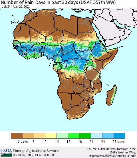 Africa Number of Rain Days in past 30 days (USAF 557th WW) 08/22/2021 Thematic Map For 8/16/2021 - 8/22/2021