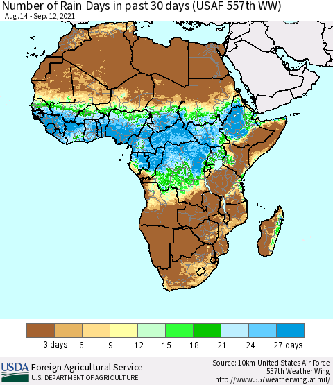 Africa Number of Rain Days in past 30 days (USAF 557th WW) 09/12/2021 Thematic Map For 9/6/2021 - 9/12/2021