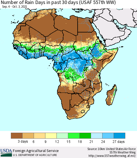Africa Number of Rain Days in past 30 days (USAF 557th WW) 10/03/2021 Thematic Map For 9/27/2021 - 10/3/2021