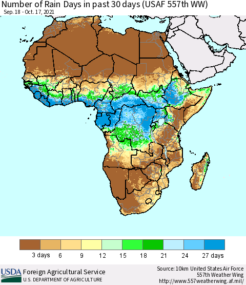 Africa Number of Rain Days in past 30 days (USAF 557th WW) 10/17/2021 Thematic Map For 10/11/2021 - 10/17/2021