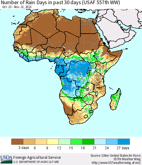 Africa Number of Rain Days in past 30 days (USAF 557th WW) 11/21/2021 Thematic Map For 11/15/2021 - 11/21/2021