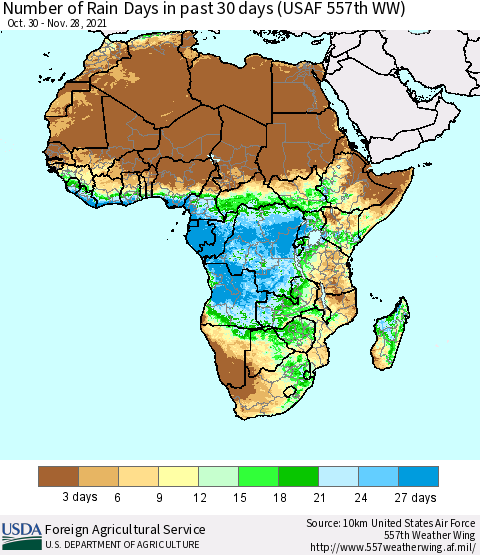 Africa Number of Rain Days in past 30 days (USAF 557th WW) 11/28/2021 Thematic Map For 11/22/2021 - 11/28/2021