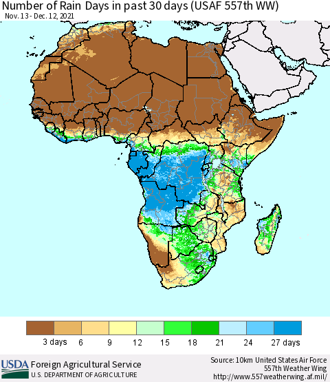 Africa Number of Rain Days in past 30 days (USAF 557th WW) 12/12/2021 Thematic Map For 12/6/2021 - 12/12/2021