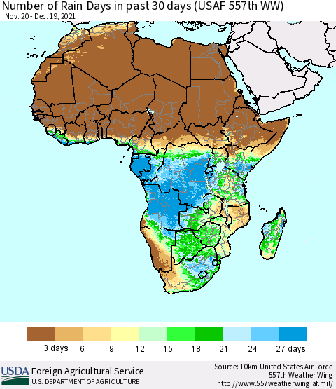Africa Number of Rain Days in past 30 days (USAF 557th WW) 12/19/2021 Thematic Map For 12/13/2021 - 12/19/2021