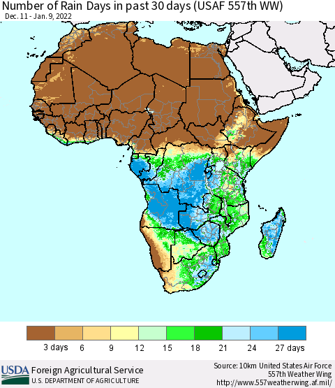 Africa Number of Rain Days in past 30 days (USAF 557th WW) 01/09/2022 Thematic Map For 1/3/2022 - 1/9/2022
