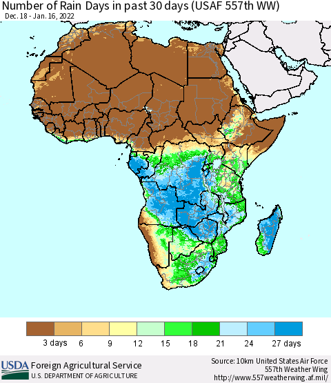 Africa Number of Rain Days in past 30 days (USAF 557th WW) 01/16/2022 Thematic Map For 1/10/2022 - 1/16/2022