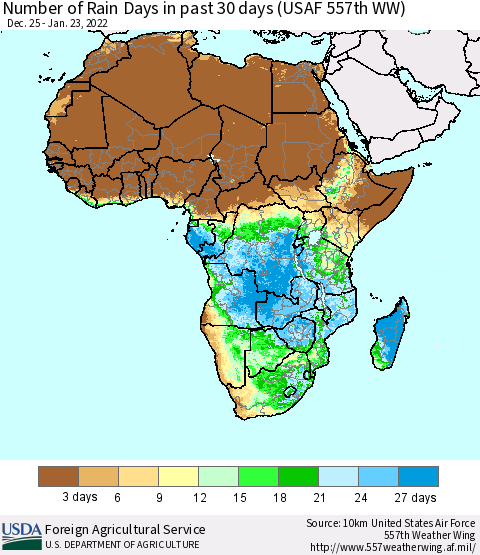 Africa Number of Rain Days in past 30 days (USAF 557th WW) 01/23/2022 Thematic Map For 1/17/2022 - 1/23/2022