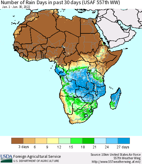 Africa Number of Rain Days in past 30 days (USAF 557th WW) 01/30/2022 Thematic Map For 1/24/2022 - 1/30/2022