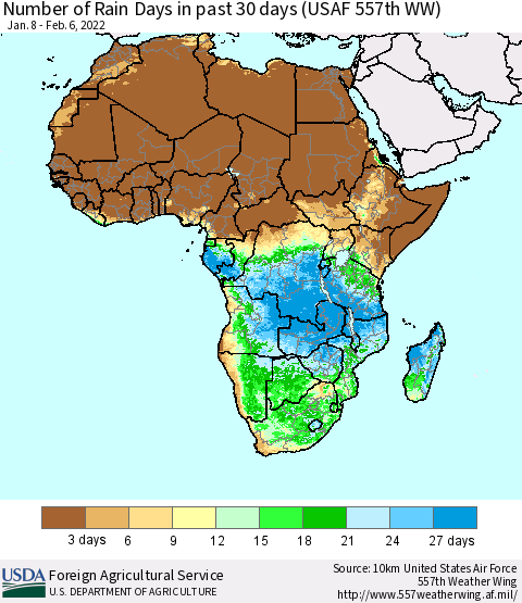 Africa Number of Rain Days in past 30 days (USAF 557th WW) 02/06/2022 Thematic Map For 1/31/2022 - 2/6/2022