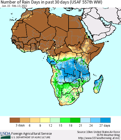 Africa Number of Rain Days in past 30 days (USAF 557th WW) 02/13/2022 Thematic Map For 2/7/2022 - 2/13/2022