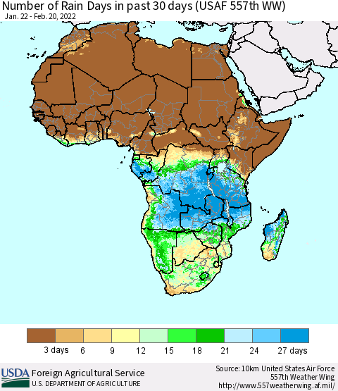 Africa Number of Rain Days in past 30 days (USAF 557th WW) 02/20/2022 Thematic Map For 2/14/2022 - 2/20/2022