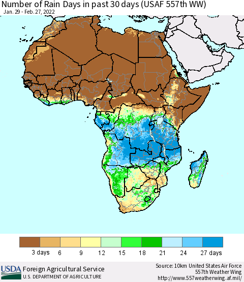 Africa Number of Rain Days in past 30 days (USAF 557th WW) 02/27/2022 Thematic Map For 2/21/2022 - 2/27/2022