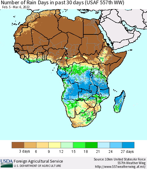 Africa Number of Rain Days in past 30 days (USAF 557th WW) 03/06/2022 Thematic Map For 2/28/2022 - 3/6/2022