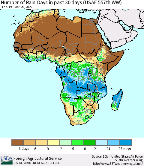 Africa Number of Rain Days in past 30 days (USAF 557th WW) 03/20/2022 Thematic Map For 3/14/2022 - 3/20/2022