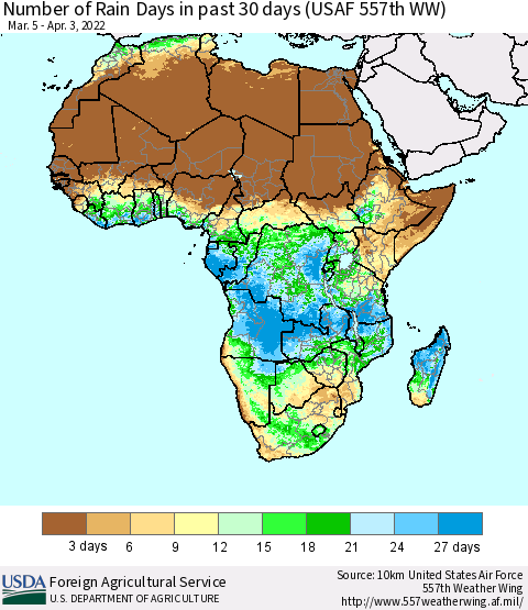 Africa Number of Rain Days in past 30 days (USAF 557th WW) 04/03/2022 Thematic Map For 3/28/2022 - 4/3/2022
