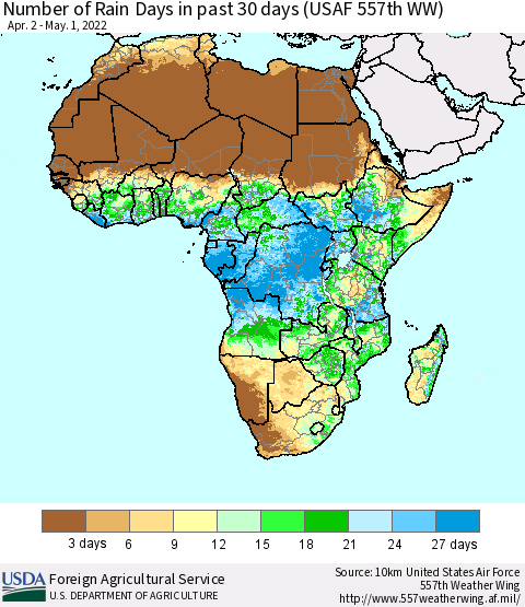 Africa Number of Rain Days in past 30 days (USAF 557th WW) 05/01/2022 Thematic Map For 4/25/2022 - 5/1/2022