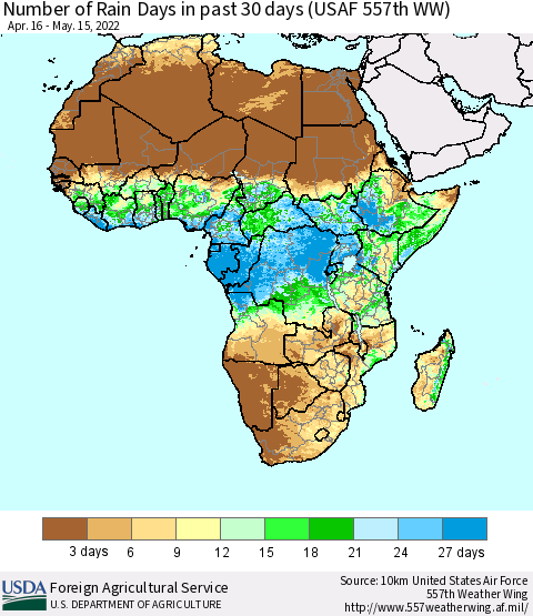 Africa Number of Rain Days in past 30 days (USAF 557th WW) 05/15/2022 Thematic Map For 5/9/2022 - 5/15/2022