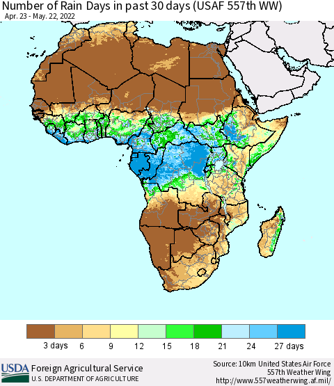 Africa Number of Rain Days in past 30 days (USAF 557th WW) 05/22/2022 Thematic Map For 5/16/2022 - 5/22/2022