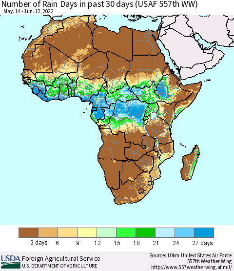 Africa Number of Rain Days in past 30 days (USAF 557th WW) 06/12/2022 Thematic Map For 6/6/2022 - 6/12/2022