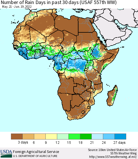 Africa Number of Rain Days in past 30 days (USAF 557th WW) 06/19/2022 Thematic Map For 6/13/2022 - 6/19/2022