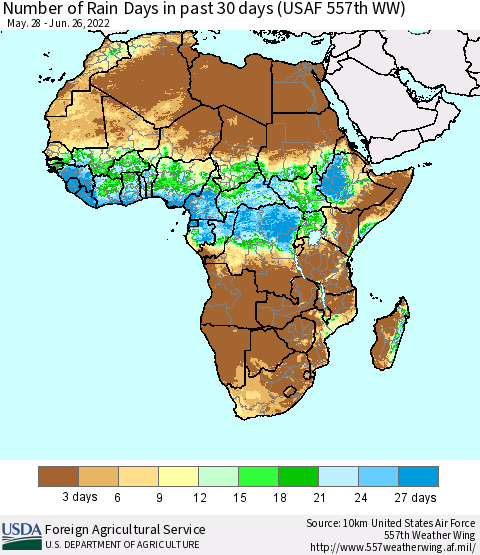 Africa Number of Rain Days in past 30 days (USAF 557th WW) 06/26/2022 Thematic Map For 6/20/2022 - 6/26/2022
