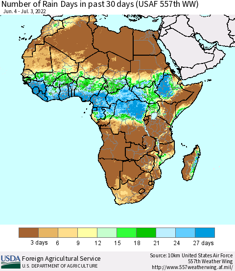 Africa Number of Rain Days in past 30 days (USAF 557th WW) 07/03/2022 Thematic Map For 6/27/2022 - 7/3/2022