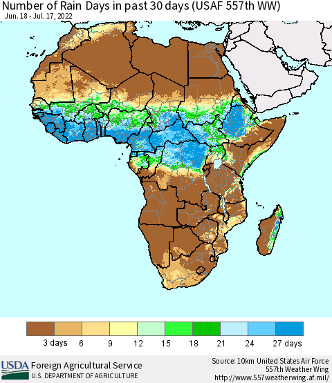Africa Number of Rain Days in past 30 days (USAF 557th WW) 07/17/2022 Thematic Map For 7/11/2022 - 7/17/2022